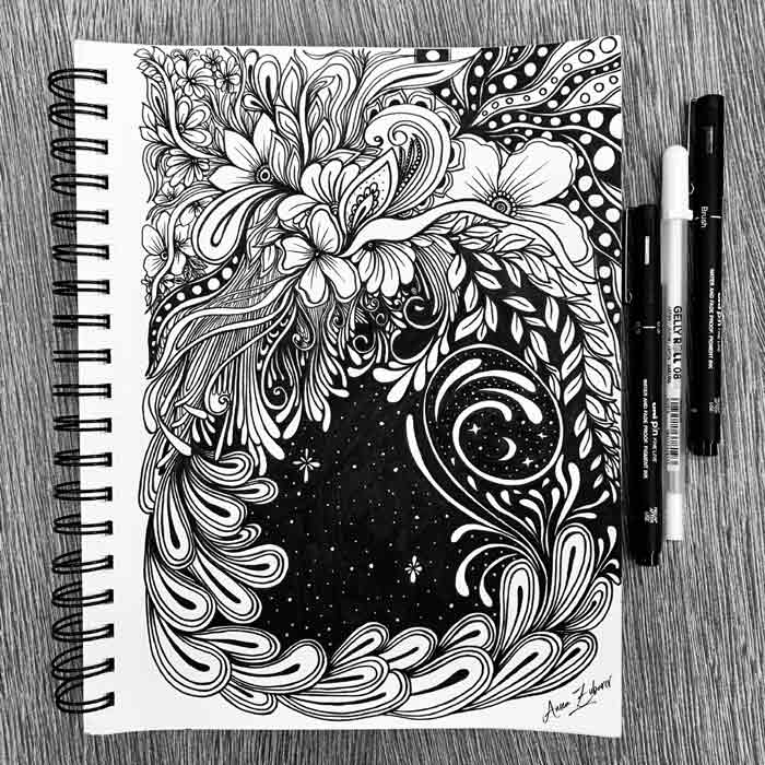 Hand-Drawn Black Ink Flower Illustrations by Zentangle Art