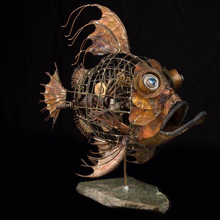 Scrap metal fish sculpture