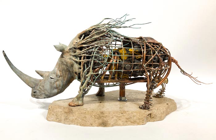 Scrap metal rhino sculpture