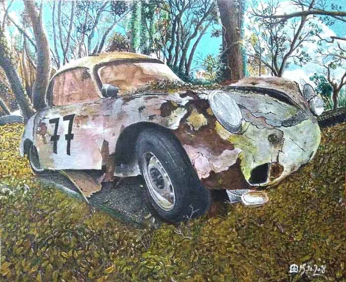 Damaged vintage car acrylic painting