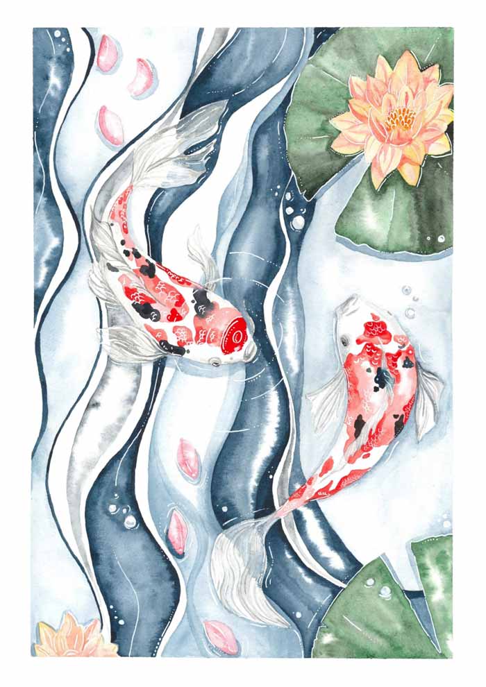 The Koi Dance watercolor and ink painting on paper