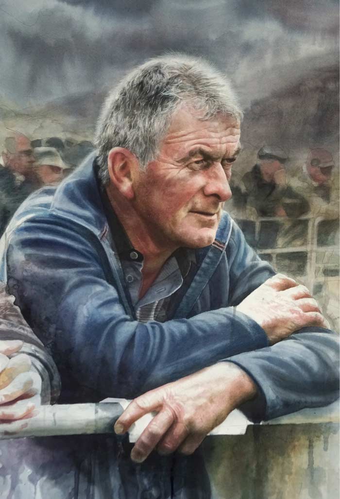 At the market man watercolor portrait painting