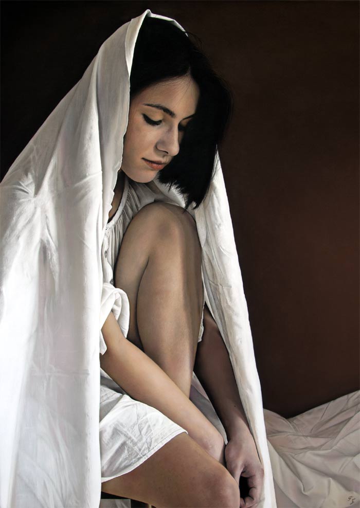 Sitting woman hyper realistic painting artist Francesco Galmarini