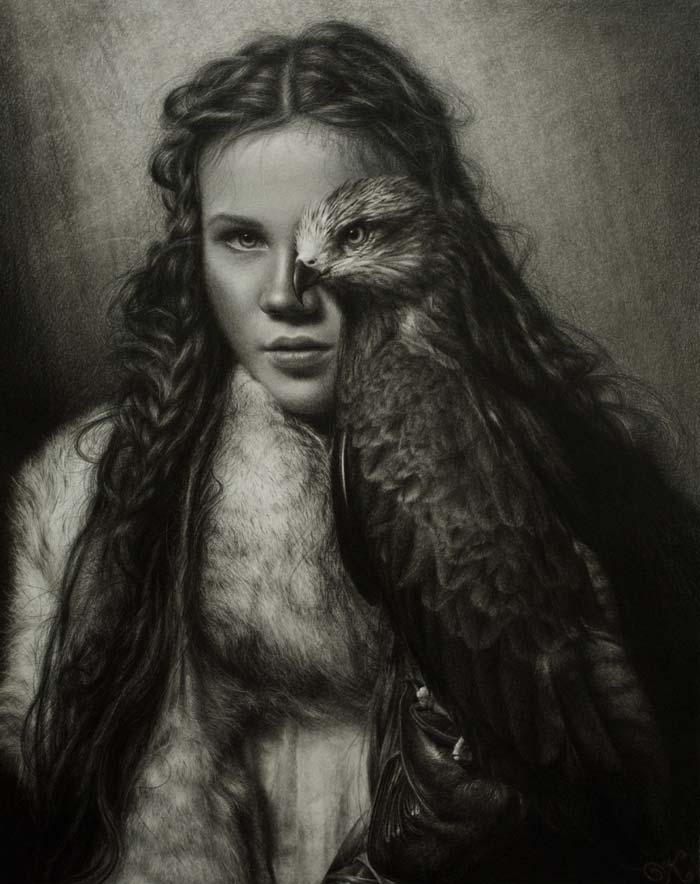 Woman with eagle hyperrealism drawing