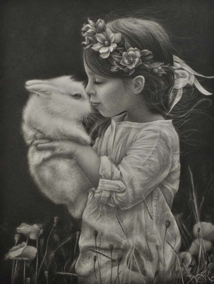 cute girl holding rabbit beautiful drawing