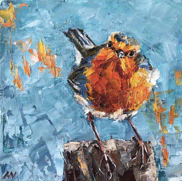Bird Painting Robin on turquoise by Anne-Marie