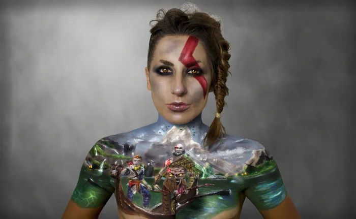 God of War Video Game Body painting by Sarah Murphy