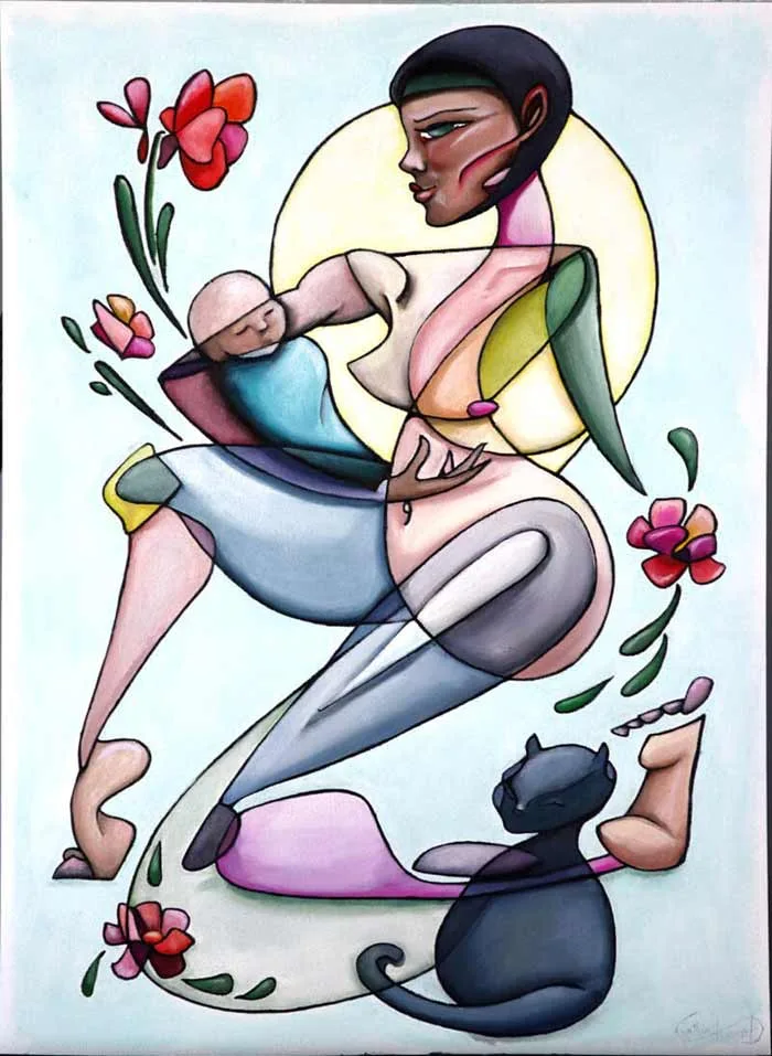 Woman with child and Cat
