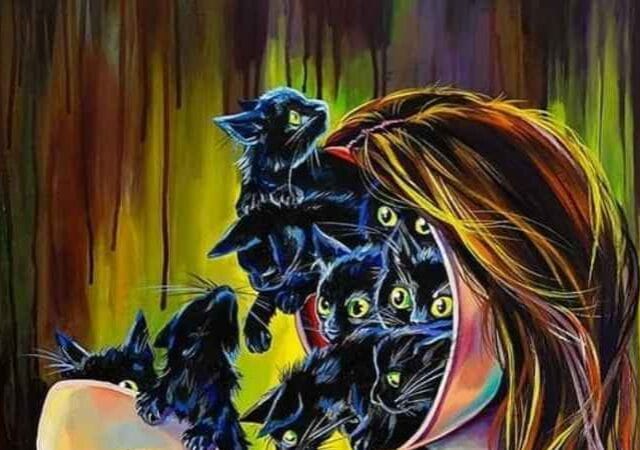 Cats and Witch Zodiac amazing painting by Vivien Szaniszlo