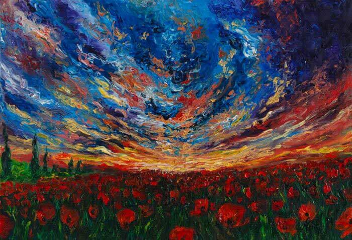 Poppy field and a stormy sky painting