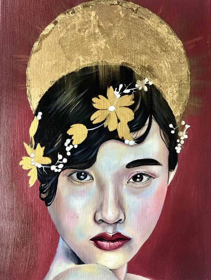 Crimson Lioness gold red asian portrait oil painting