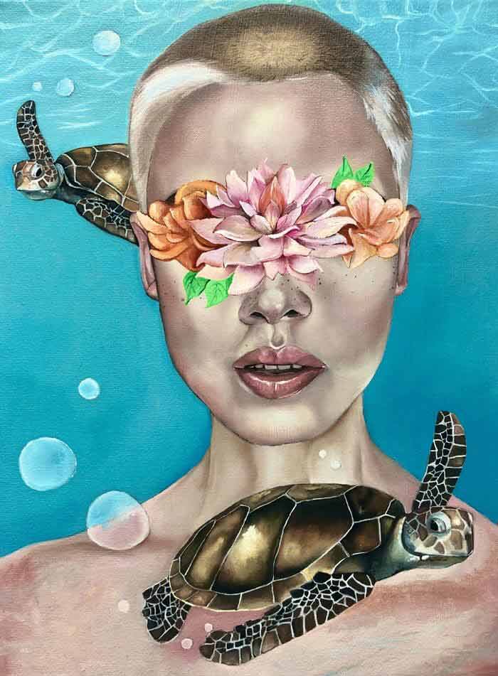 Sea turtle and tropical flower portrait