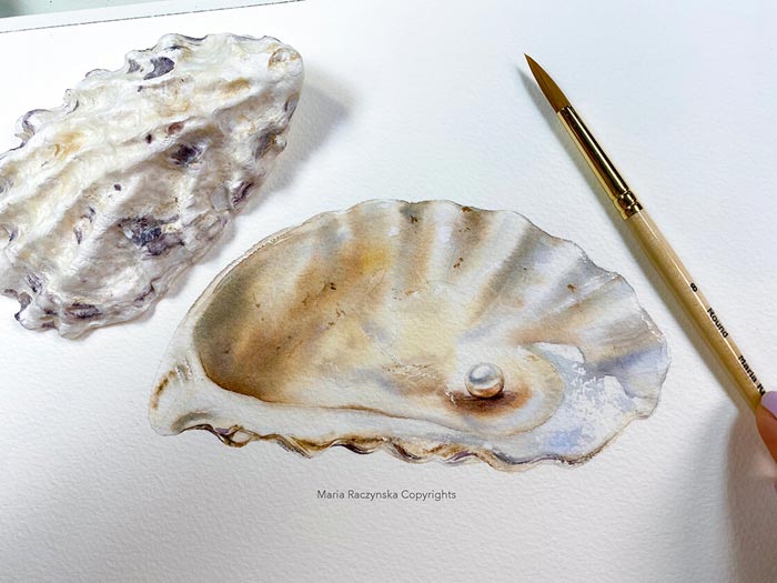 Oyster shell with watercolor by Maria Raczynska