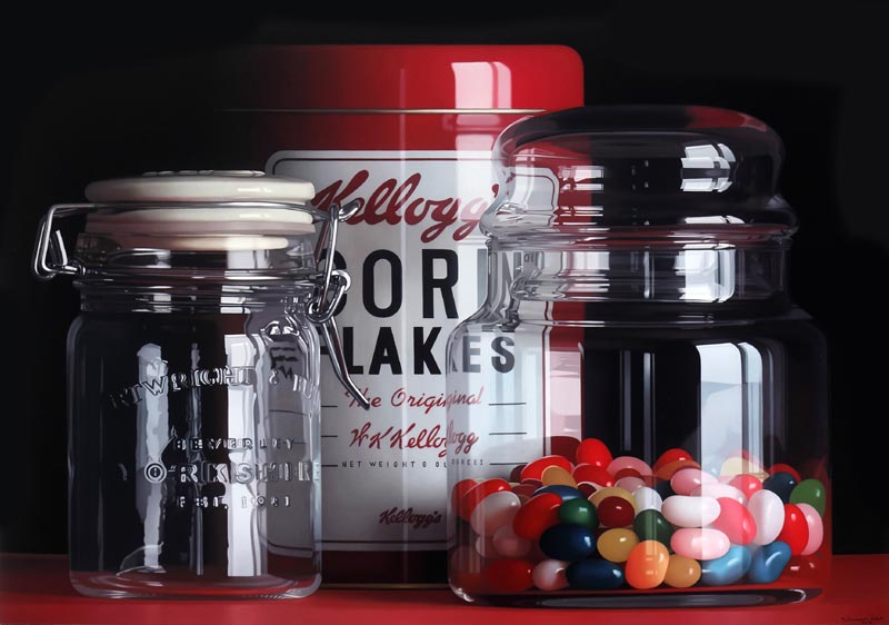 Jellybeans glass hyperrealist painting by Pedro Campos