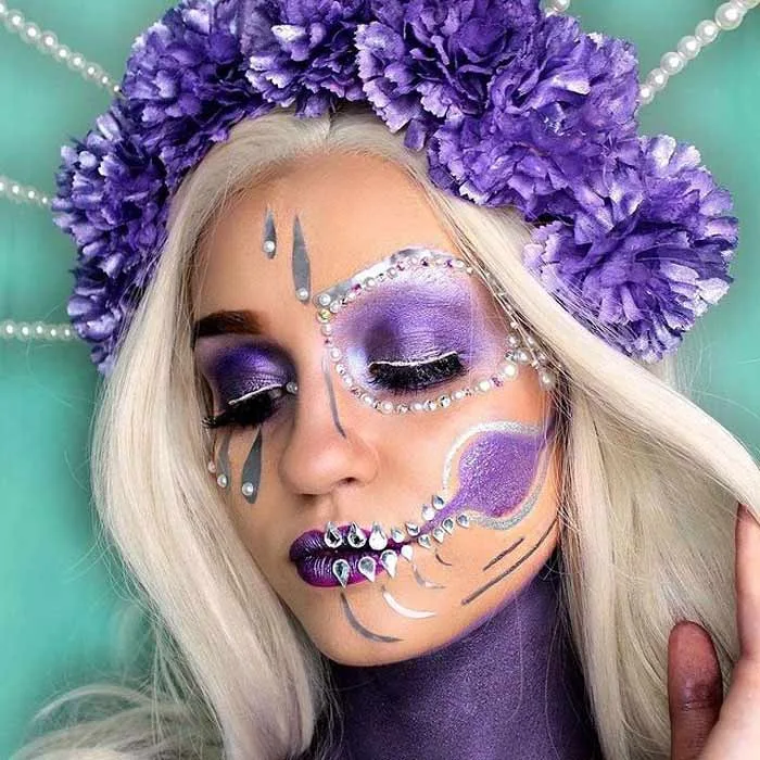 Purple sugar skull makeup art by Paige Marie