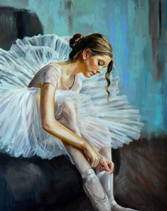 Painting of Ballerina preparing for classes by Serghei Ghetiu