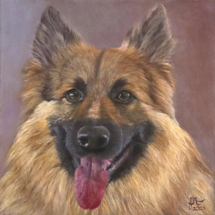 German Shepherd Portrait Oil Painting on Wood Panel by Sherry Farsad