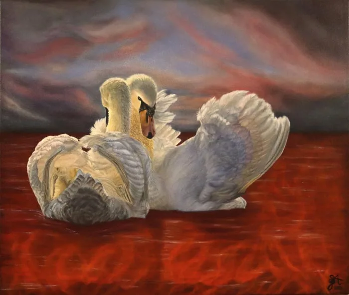 Swans Flames of Love Oil Painting by Sherry Farsad