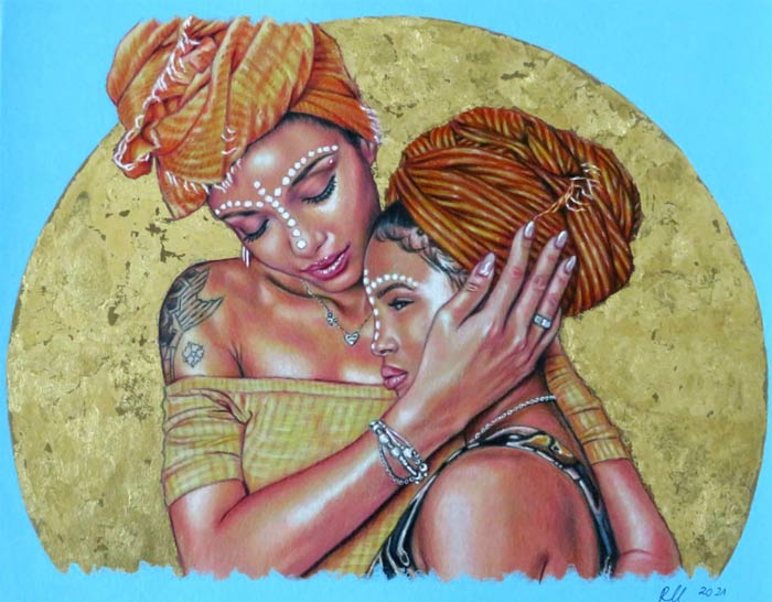 African Mother and Daughter Painting by Monika Rembowska