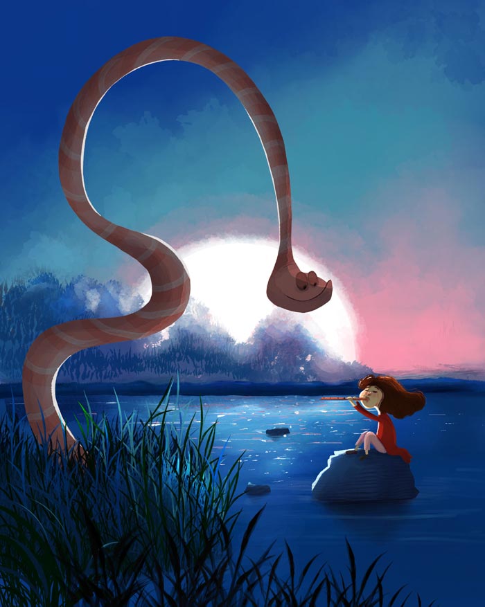 Playing with a snake children’s Book Illustration by Dalia Awad
