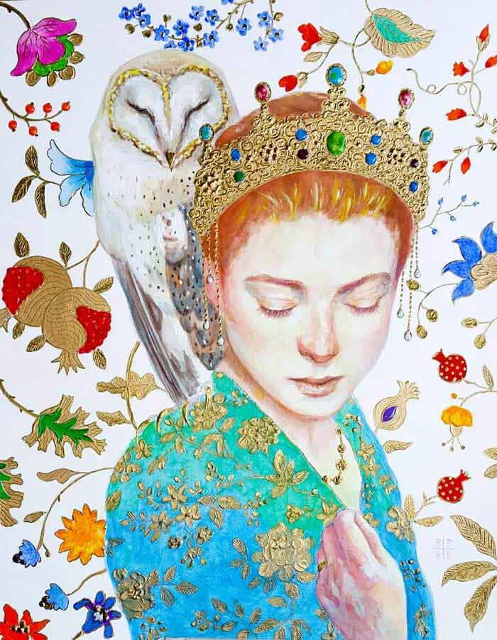 Woman and psychopomp textured portrait painting by Artist Bahman