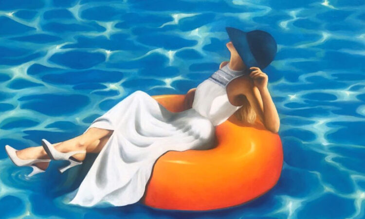 Beautiful Girl Swimming On Inflatable Ring Painting
