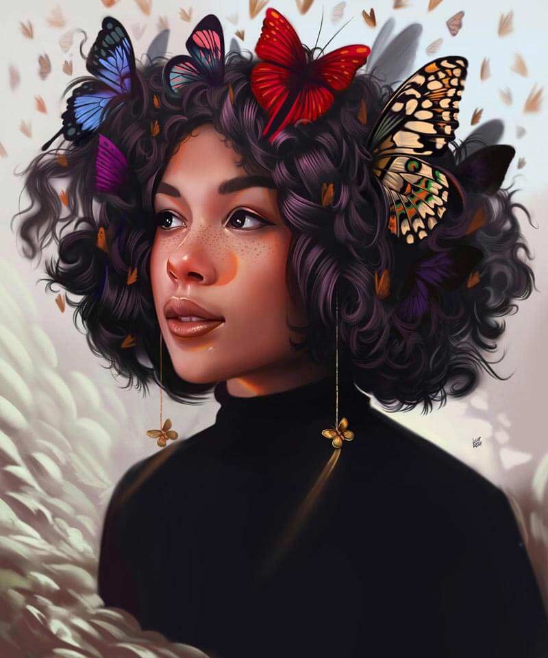 Curly and Butterfly Digital illustration portrait by Yasar Vurdem