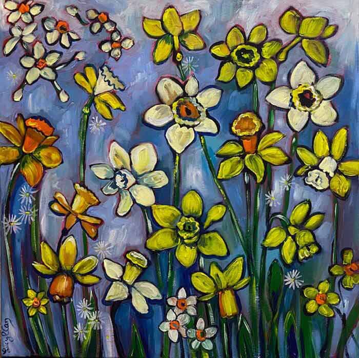 Daffodils yellow nodding blooms for spring painting by Lucy Car