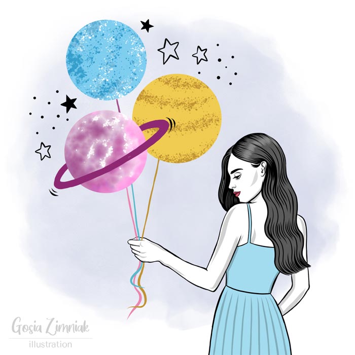 Girl Holding Planet Balloons Illustration Drawing by Gosia Zimniak