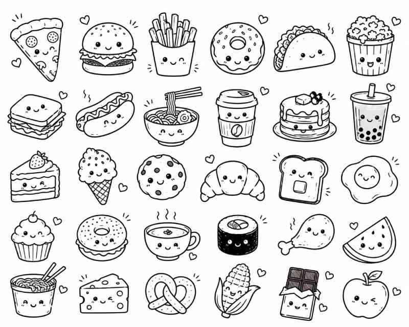 Twenty-four fun food doodle drawings featuring simple cartoon foods including pizza, burger, fries, donut, taco, popcorn, coffee, ramen, cupcake, cookie, croissant, toast, sushi, watermelon, chocolate, apple, and more.
