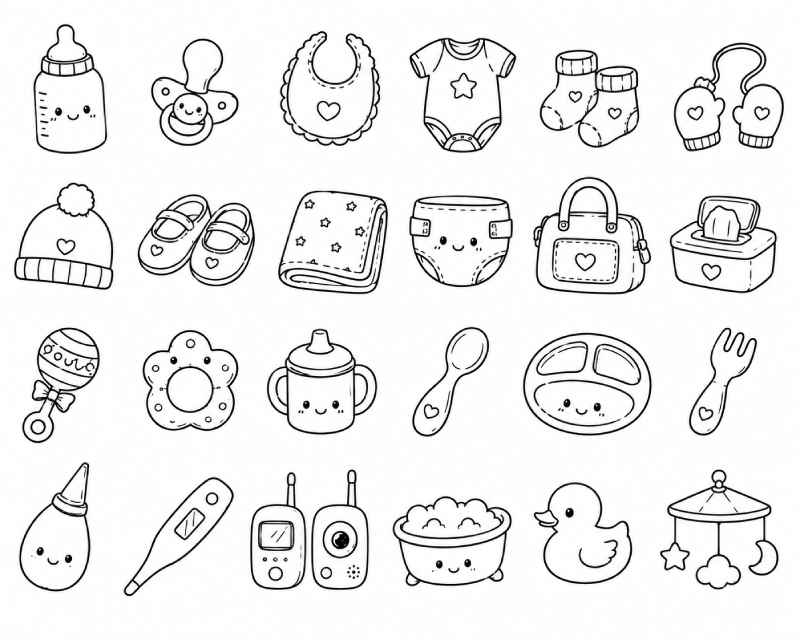 Twenty-four simple baby accessories doodle drawings featuring a baby bottle, pacifier, bib, onesie, socks, mittens, hat, shoes, blanket, diaper, diaper bag, wipes, rattle, teether, sippy cup, spoon, plate, fork, thermometer, baby monitor, bathtub, rubber duck, baby mobile, and other cute baby essentials in easy line art style.