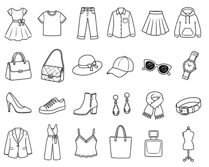Twenty-four Outfit and Accessory fashion doodle drawings featuring dresses, T-shirts, jeans, skirts, hoodies, handbags, hats, sunglasses, watches, high heels, sneakers, boots, earrings, scarves, belts, blazers, jumpsuits, tote bags, perfume bottles, and other fashion accessories in easy line art style.
