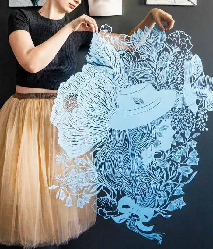 Bluebells paper art silhouette of a girl wall decoration by Eugenia Zoloto, Ukrainian paper artist Eugenia Zoloto, paper cut silhouette, Silhouette Papercut, Paper cut silhouette artist, Cut paper silhouette art Bluebells paper art silhouette of a girl wall decoration by Eugenia Zoloto