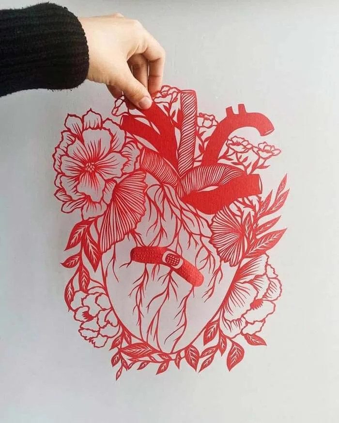 Fixed heart paper cutting in red color by Eugenia Zoloto, Ukrainian paper artist Eugenia Zoloto, Cut silhouettes by hand, Silhouette cut out patterns, Handmade paper cut silhouettes, Paper craft Fixed heart paper cutting in red color by Eugenia Zoloto