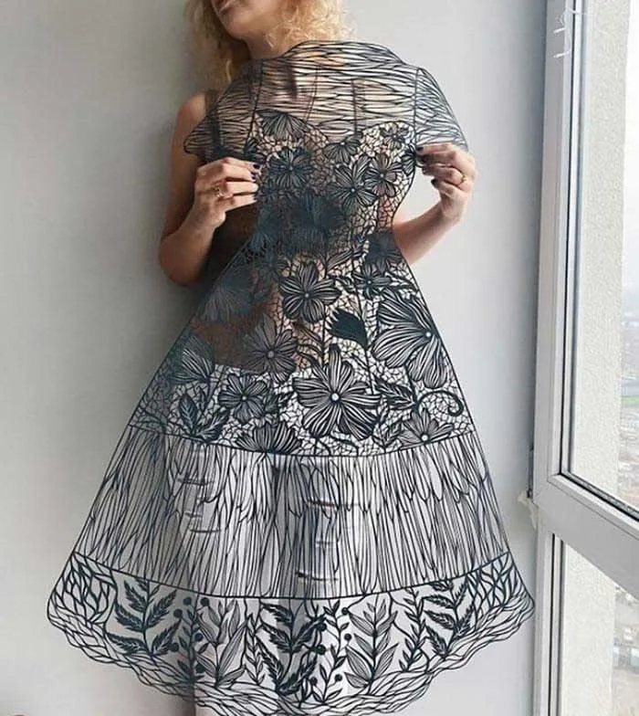 Paper craft dress by Eugenia Zoloto, Ukrainian paper artist Eugenia Zoloto, Stunning paper dress, paper craft dress, paper craft art, Hand cut paper art Paper craft dress by Eugenia Zoloto
