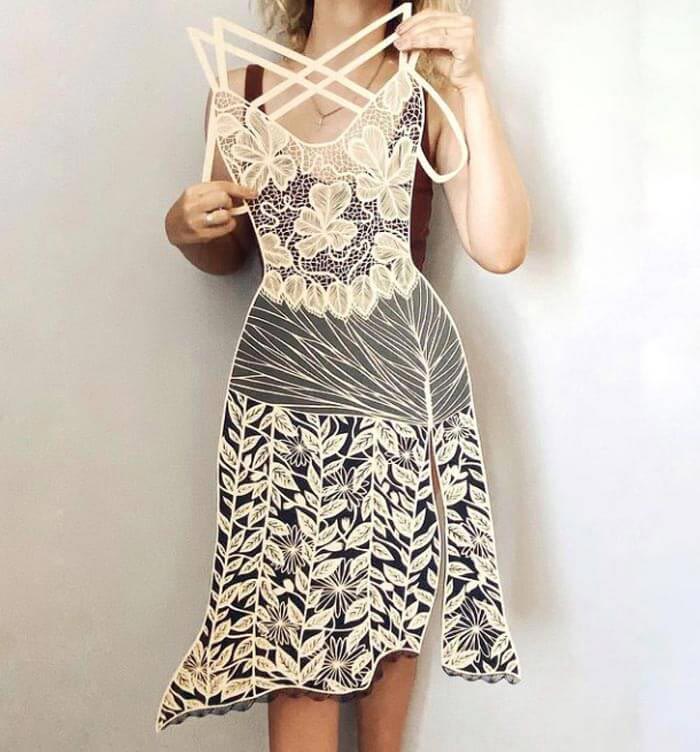 Paper cut art ivory dress by Eugenia Zoloto