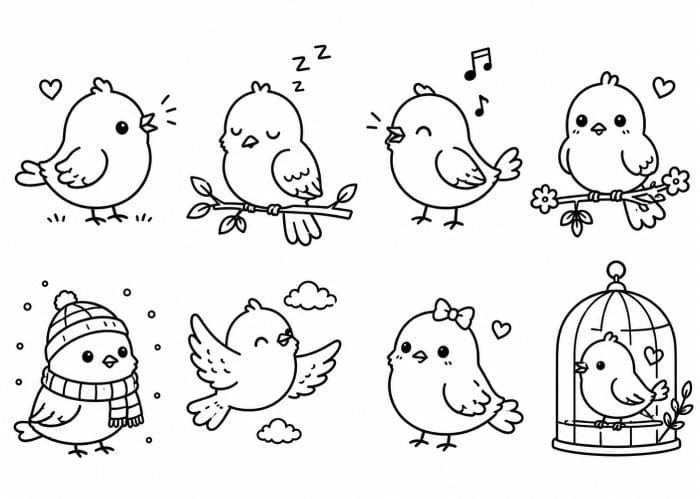 Eight cute bird doodle drawings featuring simple cartoon birds in different poses, including singing, flying, sleeping, perched on a branch, and sitting in a birdcage, perfect for beginners