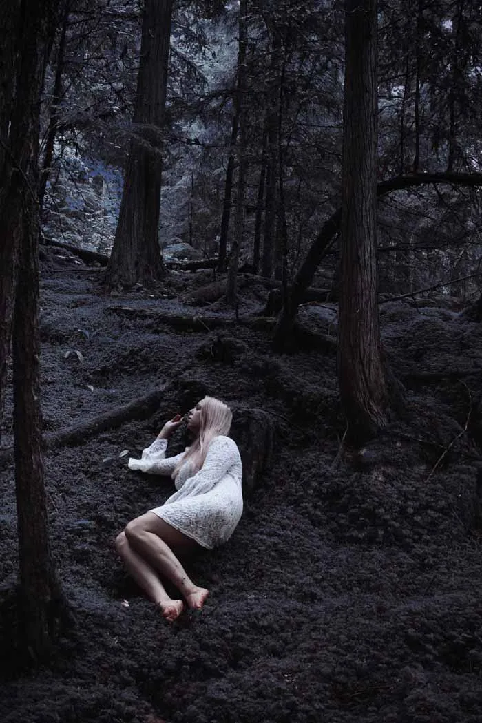 Lonely woods photography art by Vanessa Skotnitsky, Dark conceptual photography, Dark photography, Self portrait photography Lonely woods photography art by Vanessa Skotnitsky