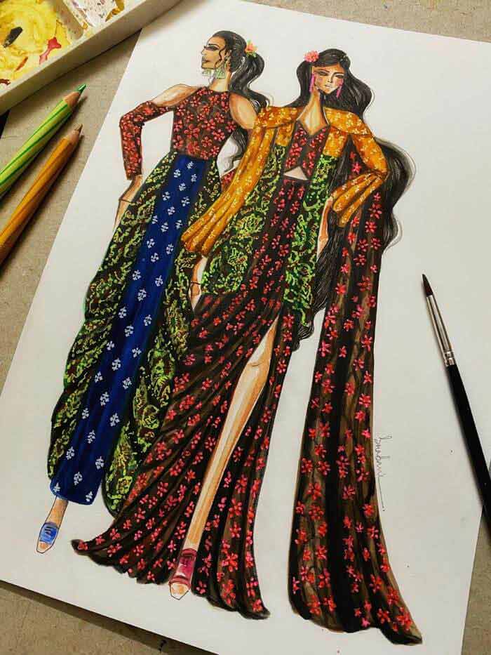 Floral Hand Block Wax Batik and Screen Print Mashru Silk Dresses by Srabani