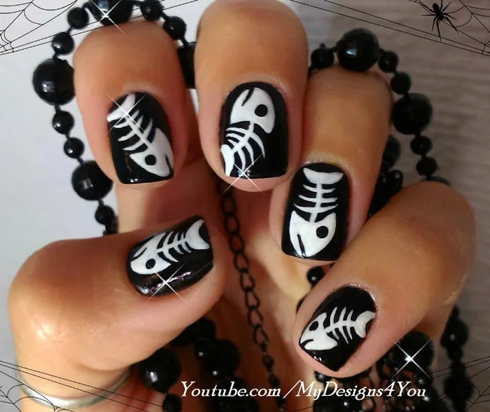 Halloween fish bones nail art by Mila