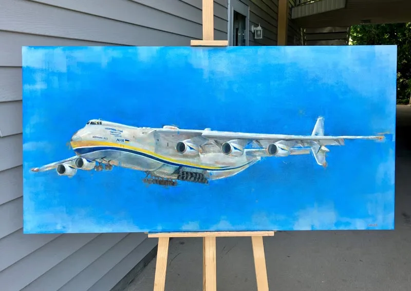 Mriya largest cargo plane oil painting by Cathy Sik