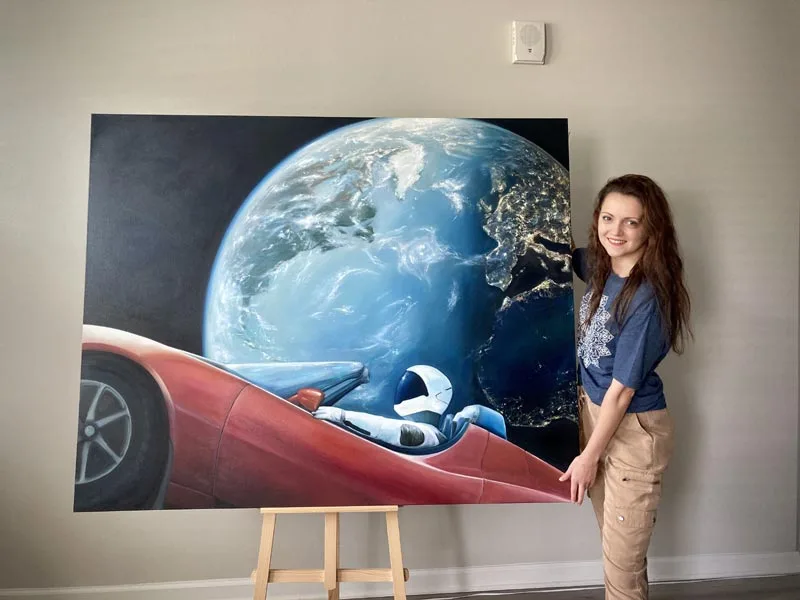 Tesla in Space Oil on canvas by Cathy Sik