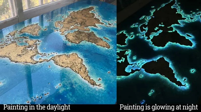 World map glow in the dark painting by Cathy Sik