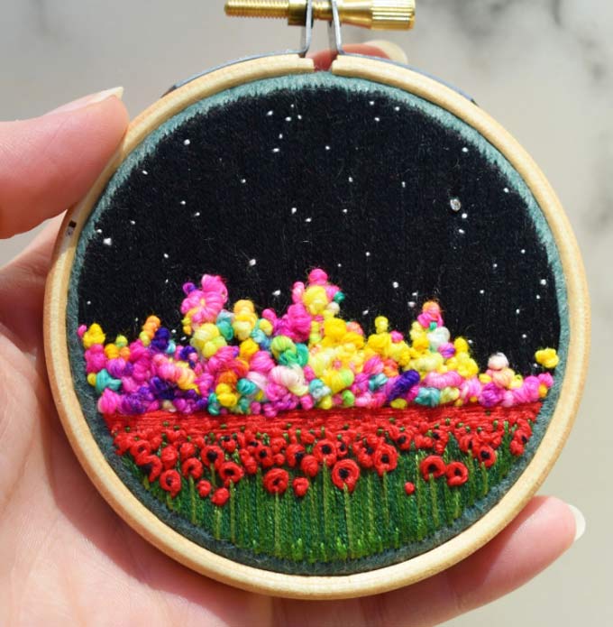 three multi coloured landscapes embroidery by Victoria Rose Richards