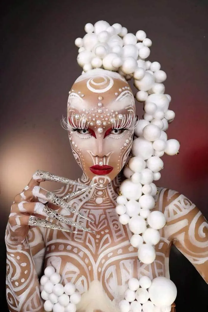 Tribal queen white makeup look by Kristin Ker