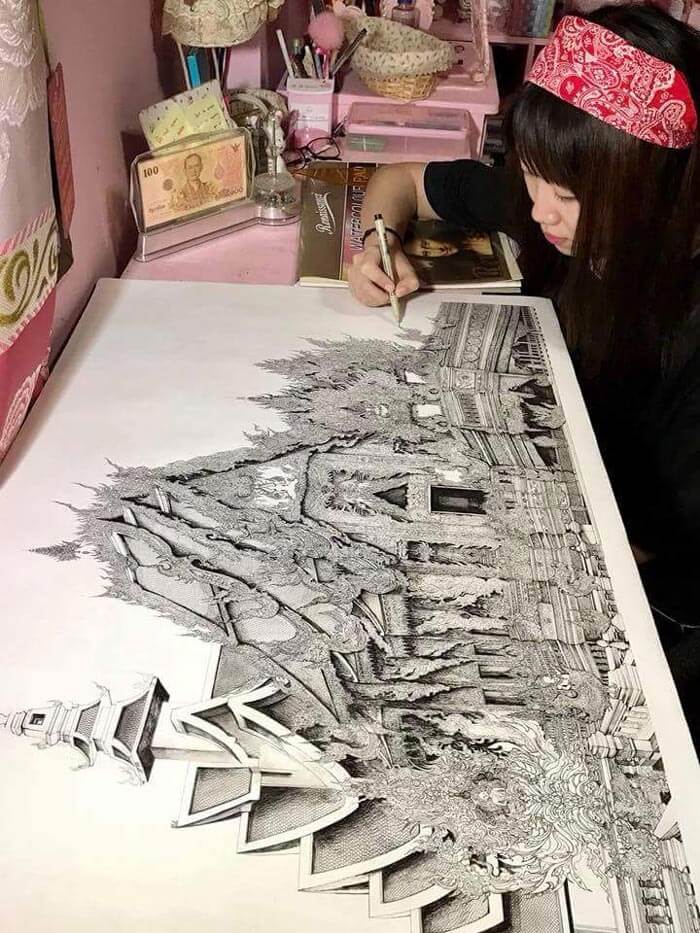 Drawing Wat Rong Khun or white temple in Thailand 