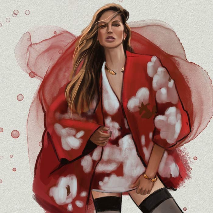 Fashion Illustration_Gisele Bündchen in short jacket for Madison Valentino by Lisa Nikitina