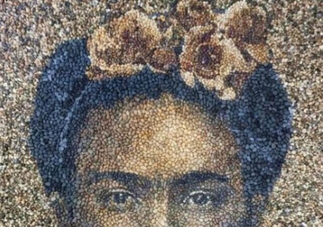 Frida Kahlo portrait art by Justin Bateman. Found stones, Chiang Mai, Thailand