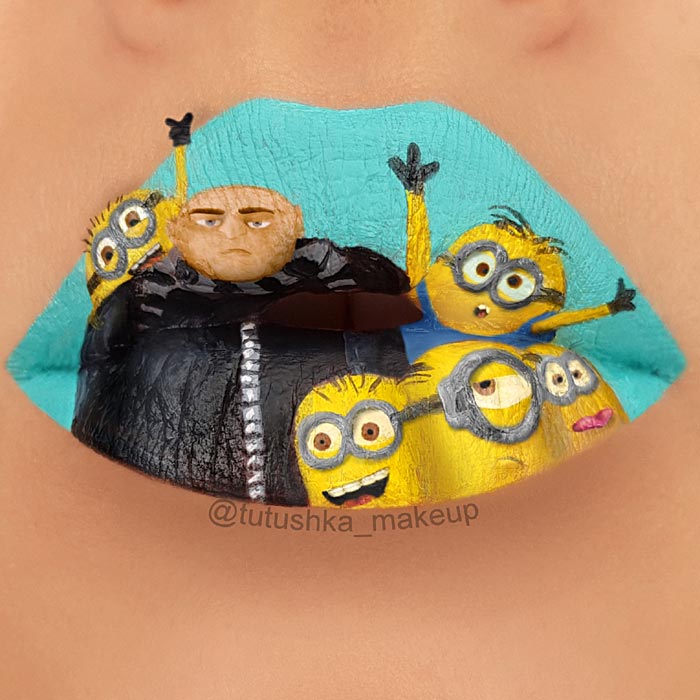 minions cartoon on lip by makeup artist Tutushka Matviienko