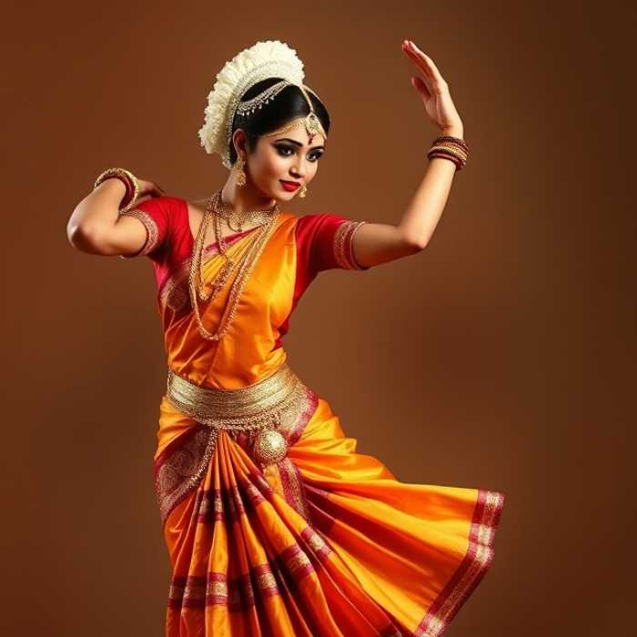 A graceful Bharatanatyam dancer performing with intricate hand gestures and elegant posture, showcasing the beauty and tradition of this classical Indian dance form.